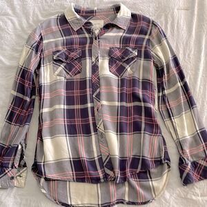 Anthropologie Lena Case Plaid Button Down Shirt Purple Pink Cream Size S